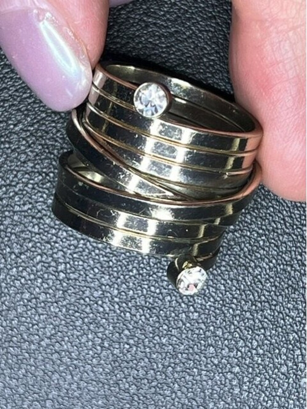 B7562 Gold Tone Multi-Band Coil Statement Ring Rhinestone Layered Fashion 9.5